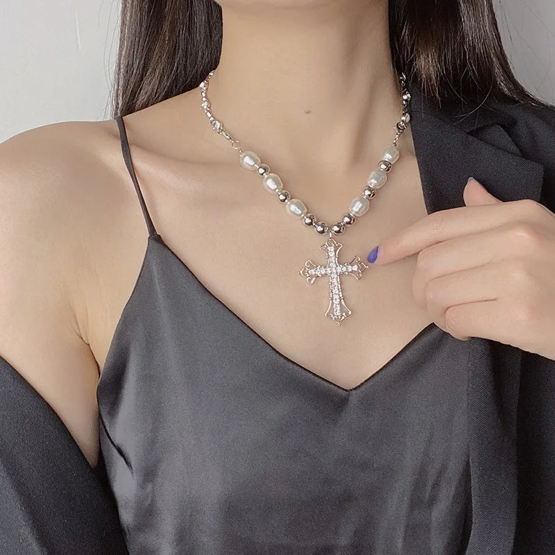 Elegant Pearl Cross Necklace