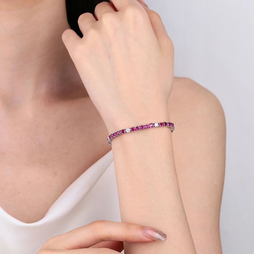 Solid Real 925 Silver Tennis Bracelet 3MM Ruby Fuchsia Pink Mix White Cubic Zircon 15-21 CM Chain Fine Jewelry For Women