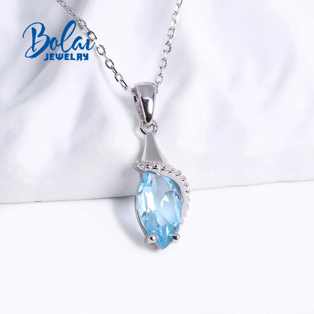 Women's 925 Sterling Silver Natural Sky Blue Topaz Pendant Necklace Fine Jewelry for Party Birthday Gift Daily Wear