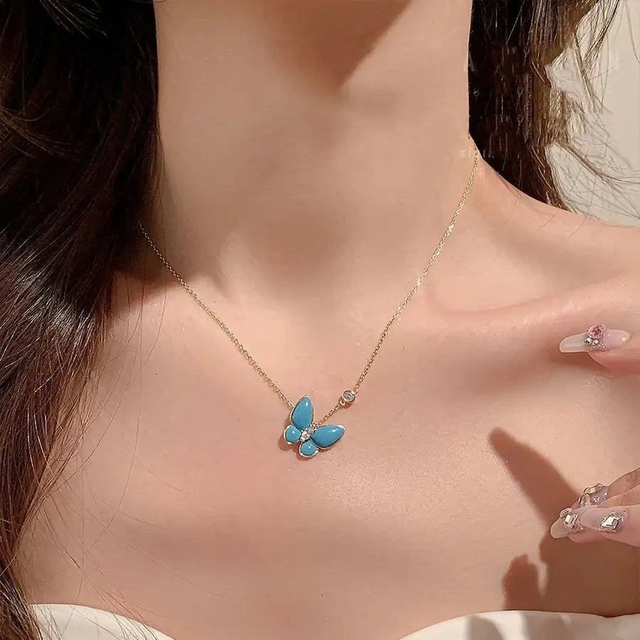 Fashion Butterfly Jewelry 18K Gold Plated 925 Silver Blue Stone Turquoise Charm Pendant Chain Necklace Jewelry Chokers Girl Gift