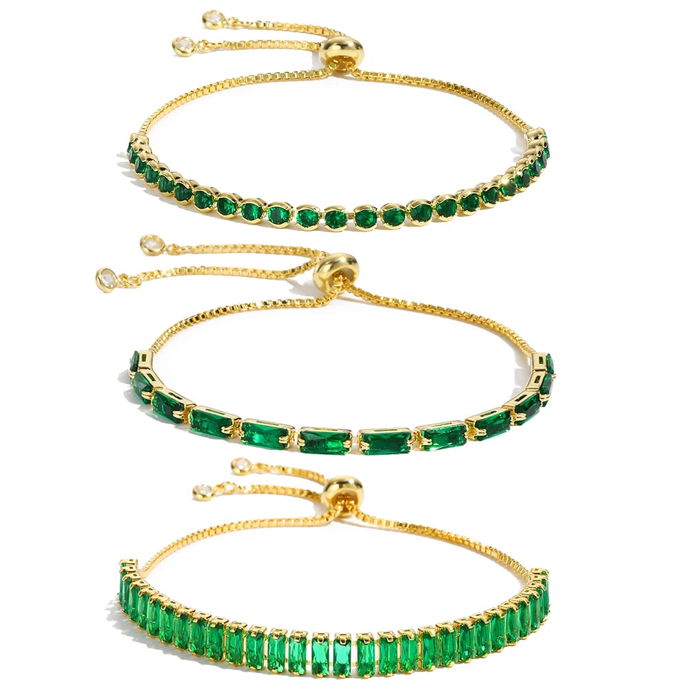 New Trendy Emerald Cubic Zirconia Jewelry 18K Gold Plated Charm Green CZ Crystal Tennis Female Bracelets Bangles for Women Gift