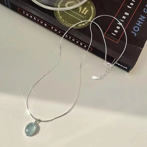 Oval Aquamarine Pendant Necklace with Snake Chain