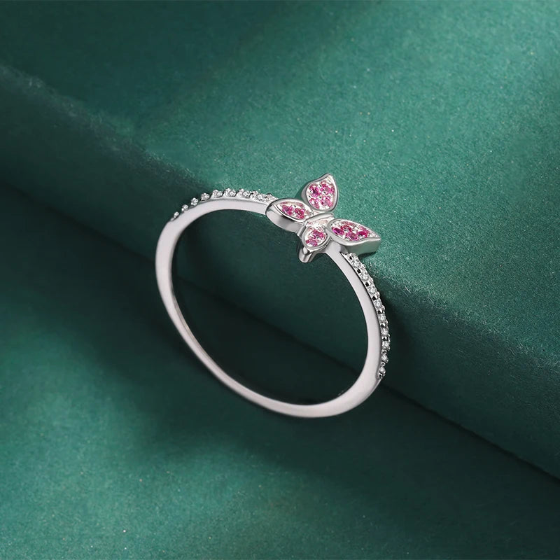 Classic Butterfly Ruby Full Diamond Couple Ring For Women Red Bow Original Genuine Sterling Silver Valentine's Day Gift Jewelry