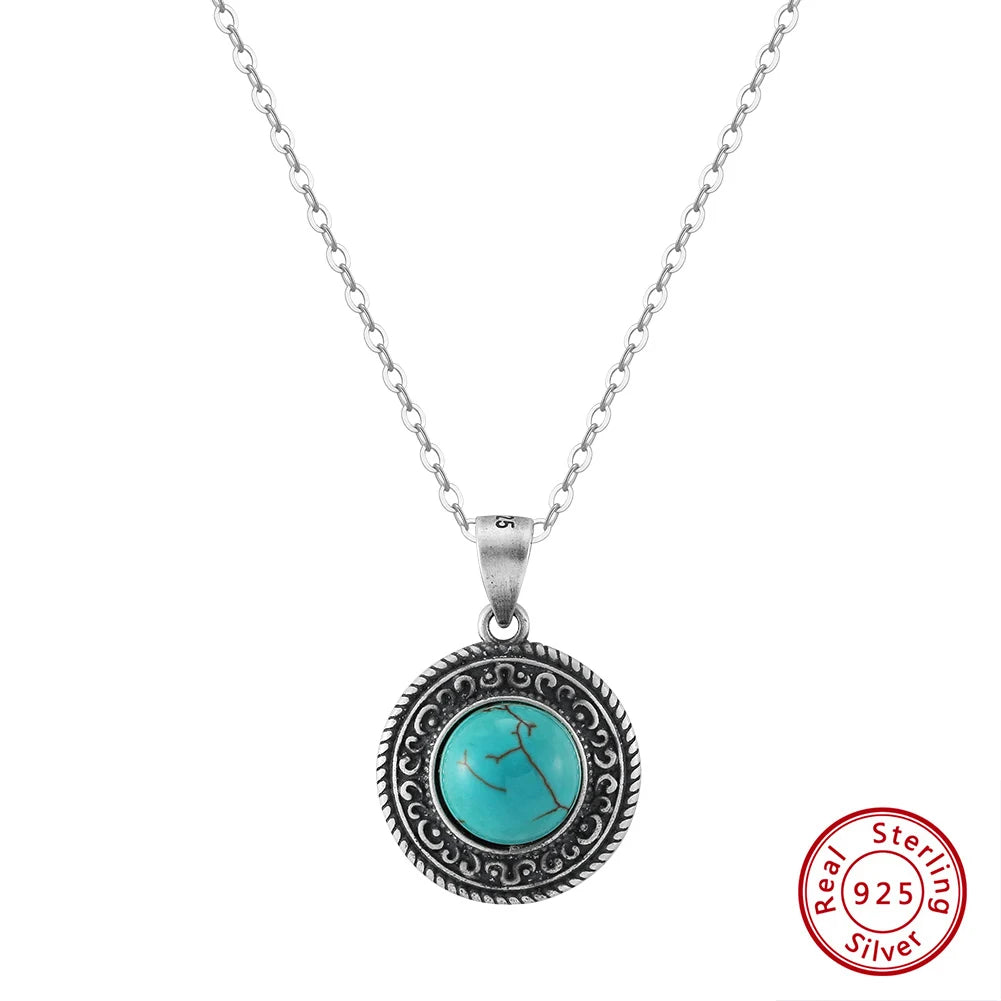 ORSA JEWELS Vintage Round Turquoise Pendant 925 Sterling Silver Oxide Natural Stone Necklace for Women Religious Jewelry GMN46