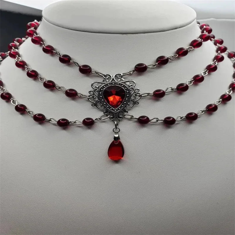 Oxidized Silver Filigree Garnet Three-Strand Choker Necklace