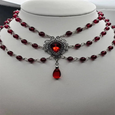 Oxidized Silver Filigree Garnet Three-Strand Choker Necklace