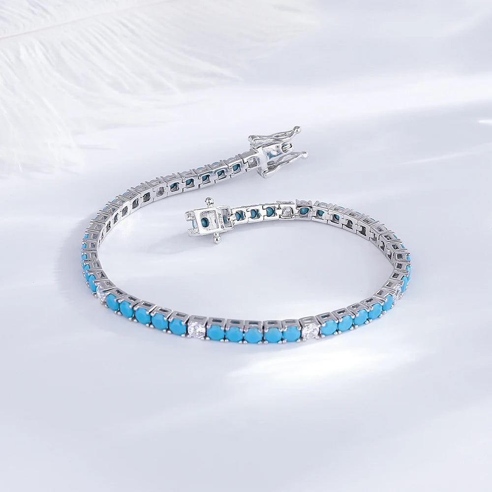 YLMyself 925 Silver Tennis Bracelet 3mm Turquoise Stone White Cubic Zircon Fine Jewelry Gift for Women