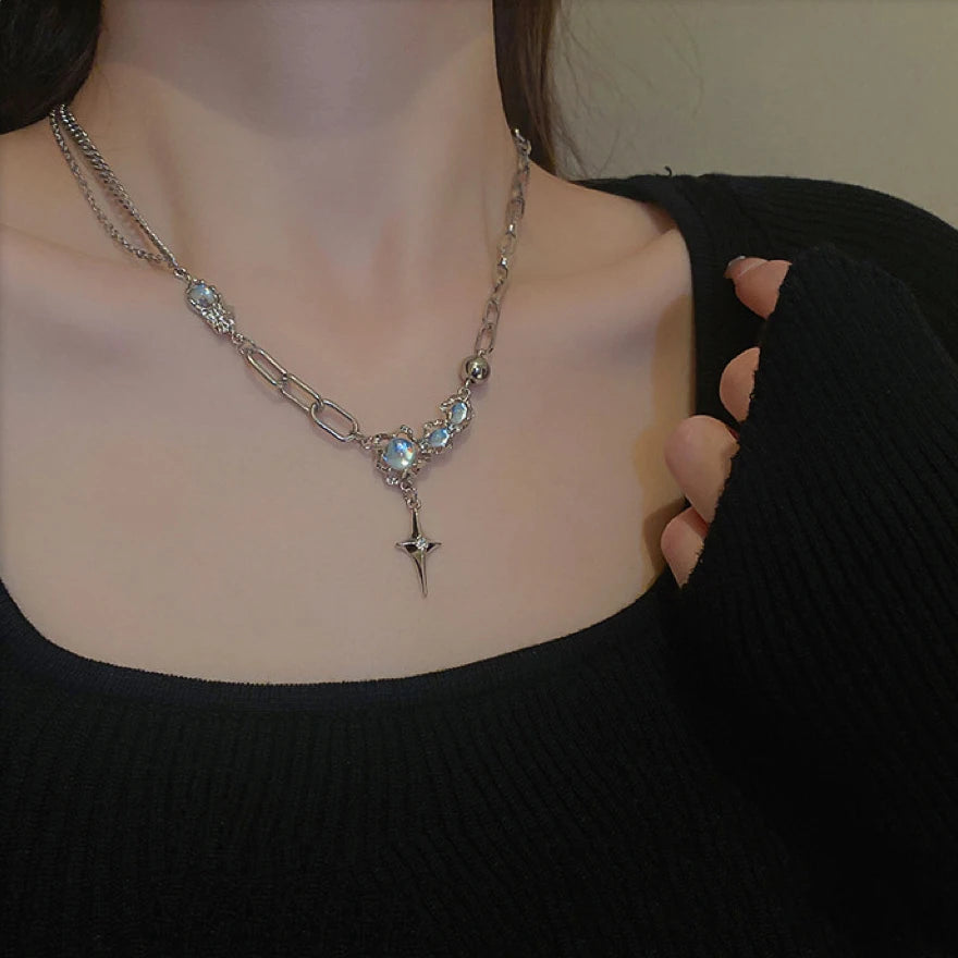 Trendy Bling Moonstone Star Cross Pendant Necklace