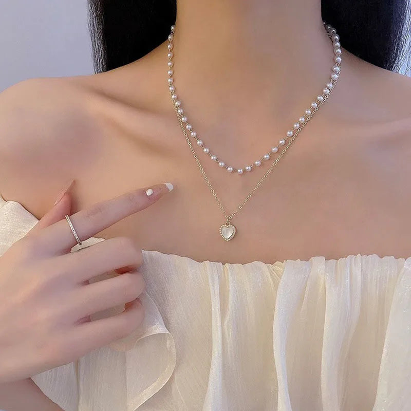 Love Heart Pendant Pearl Chain Necklace