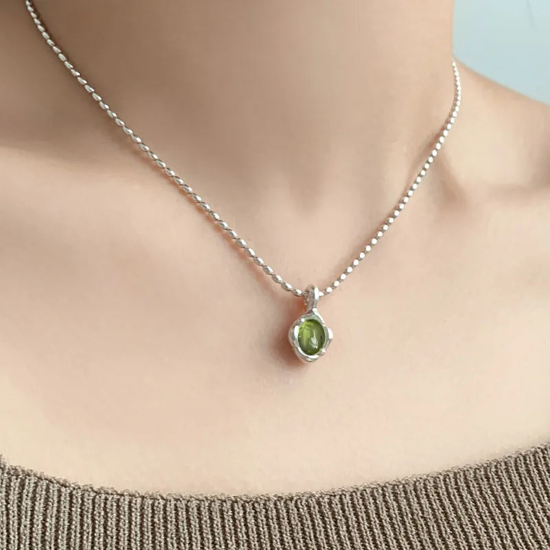 VENTFILLE 925 Sterling Silver Green Crystal Necklace for Women Girl Temperament Banquet Water Drop Jewelry Gift Dropshipping