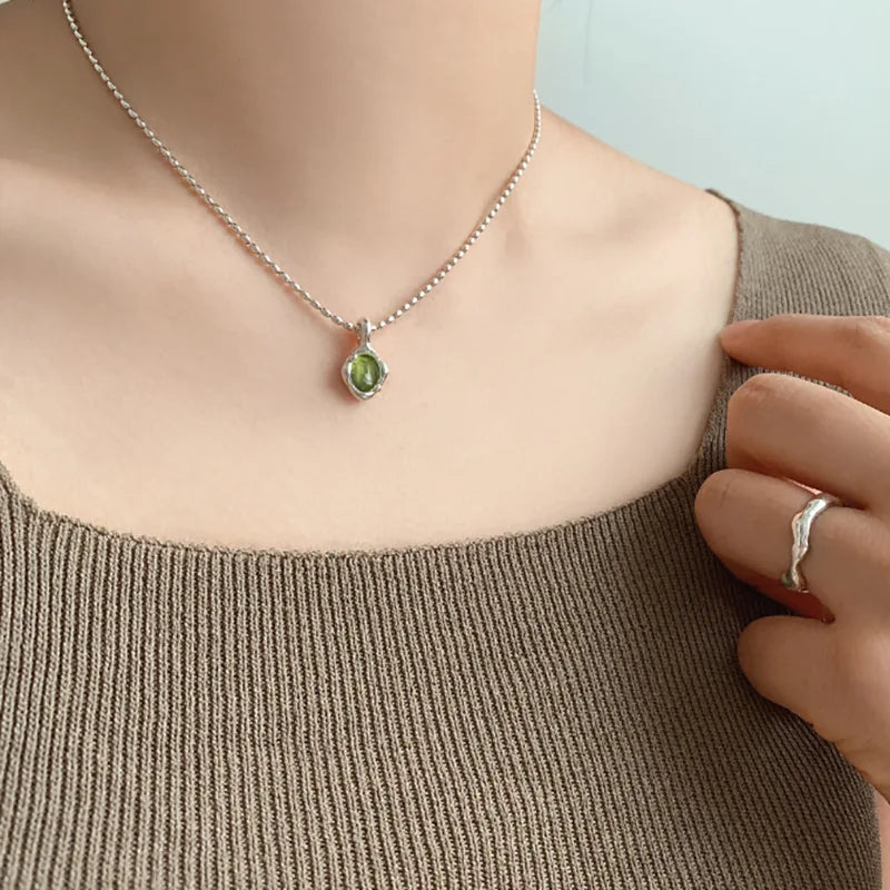 VENTFILLE 925 Sterling Silver Green Crystal Necklace for Women Girl Temperament Banquet Water Drop Jewelry Gift Dropshipping