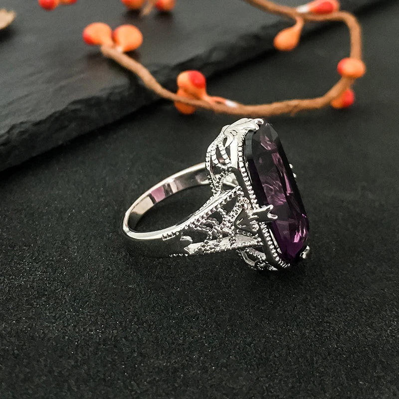 Emerald-Cut Amethyst Sterling Silver Ring for Women
