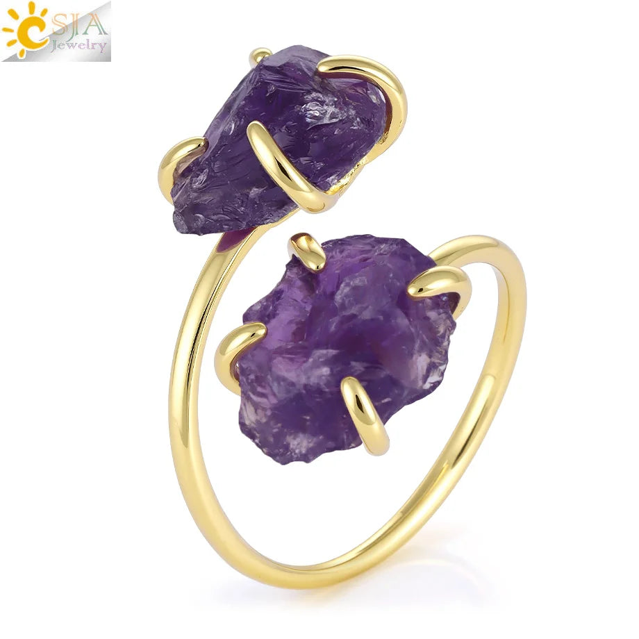 CSJA Irregular Crystal Open Ring Healing Natural Amethysts Citrine Double Gems Stone Claw Finger Rings Jewelry Accessories H584