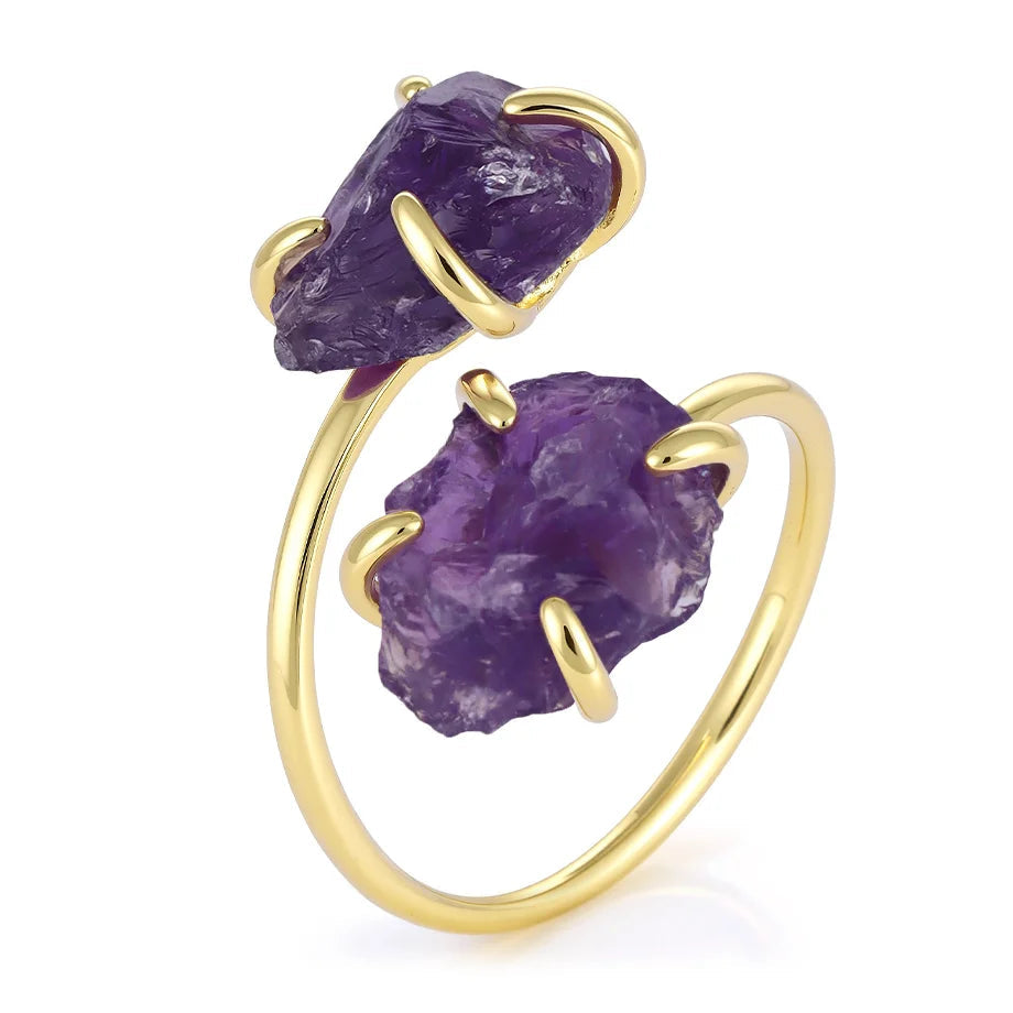 Double Amethyst Crystal Birthstone Ring (Cuff/Adjustable)
