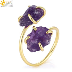 CSJA Irregular Crystal Open Ring Healing Natural Amethysts Citrine Double Gems Stone Claw Finger Rings Jewelry Accessories H584