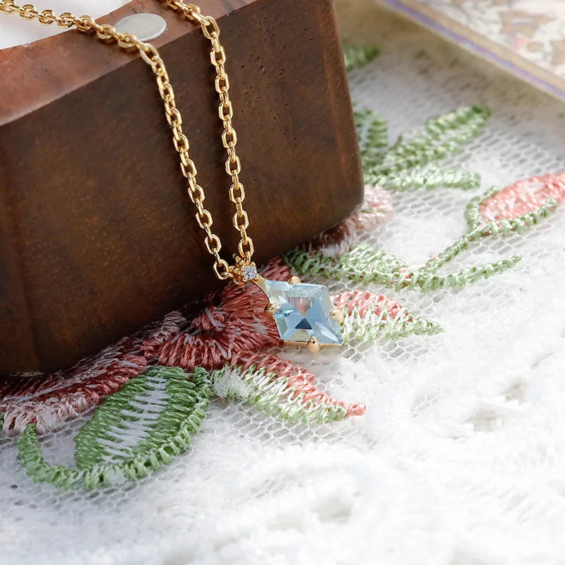 LAMOON Elegant Rhomboid Natrual Sky Blue Topaz Gemstone Pendant Necklace For Women 925 Sterling Silver Gold Plated Fine Jewelry