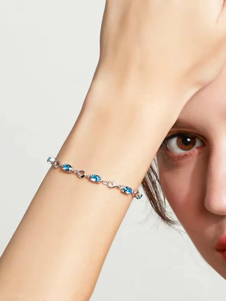 925 Sterling Silver Topaz Women's Bracelets with zircons Blue Sapphire Color Gemstone Bracelet for Woman Girl Birthday Gift