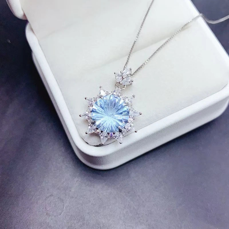 Classic Halo Design 925 Silver Natural Topaz Pendant 10mm 4ct Genuine Topaz Necklace Pendant with 3 Layers 18K Gold Plating