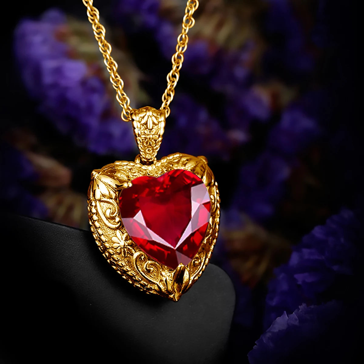 Gold Red Ruby Heart Necklace