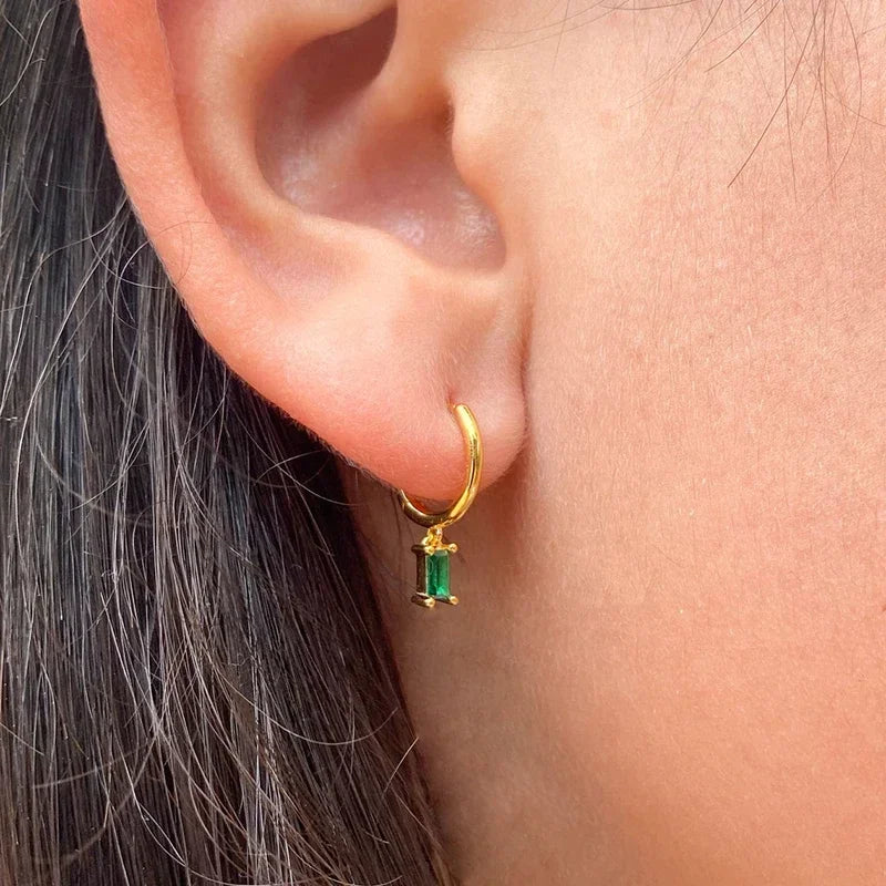French Emerald Geometric Hoop Stainless Steel Earrings for Women Party Jewelry Accessories Trendy Zircon Crystal Drop Earring
