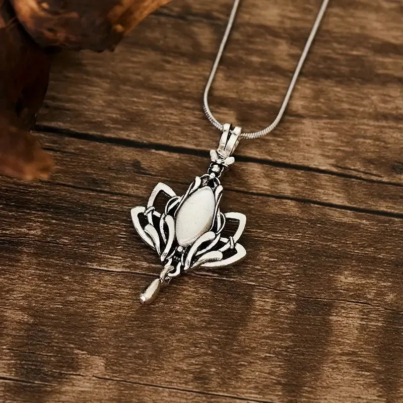 Gorgeous Lotus Pendant Necklace Magic Aesthetic Neck Accessory with Imitation Moonstone Elegant Women Anniversary Jewelry