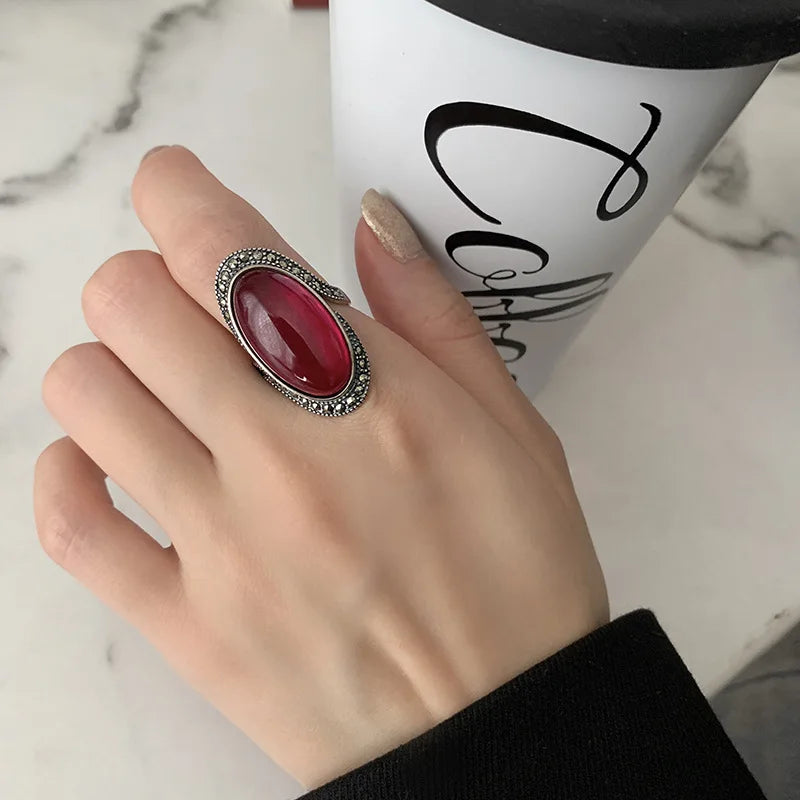 Oval Oxidised Silver Ring of Garnet Birthstone - No Fade