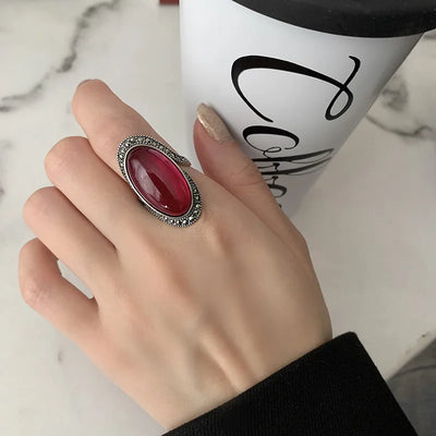 Oval Oxidised Silver Ring of Garnet Birthstone - No Fade