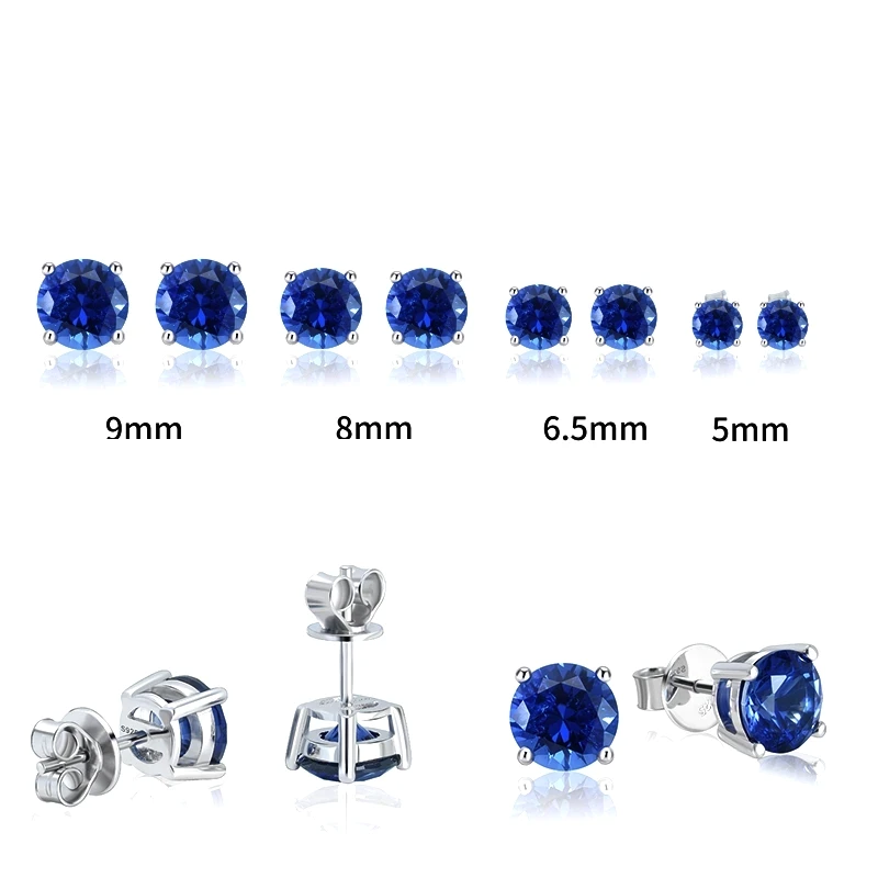 Lab Created royal Blue/Cornflower blue Sapphire Ear Stud 5-9mm with inclusions round Shape S925 Silver earrings Jewelry