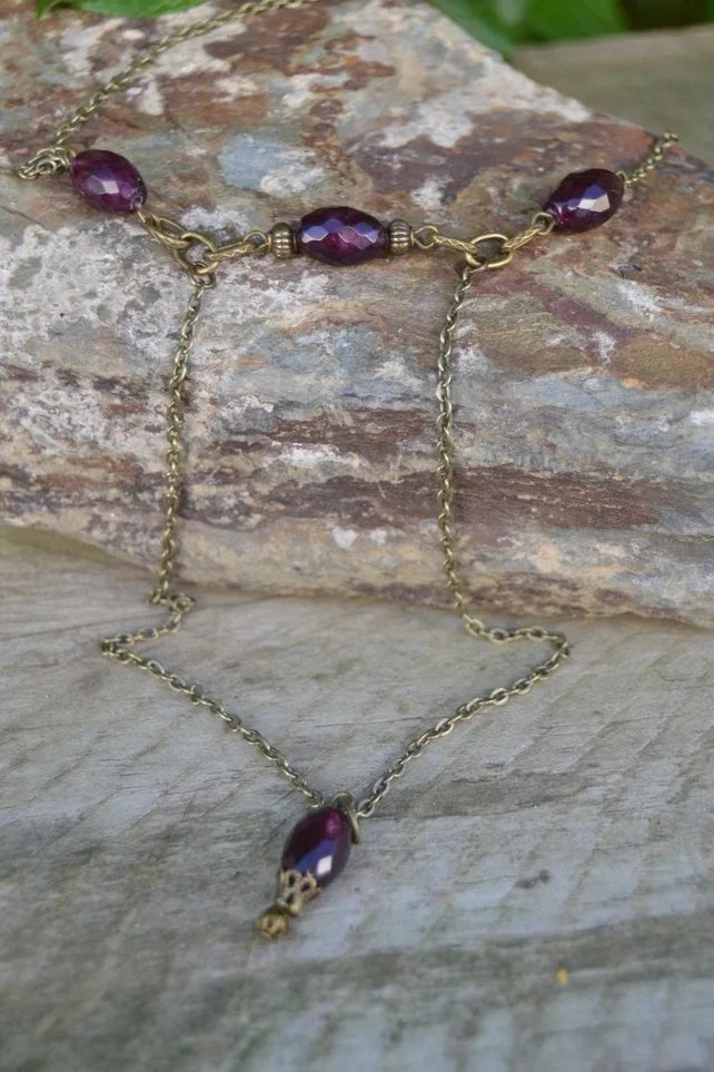 Antique Deep Red Garnet Birthstone Y-Drop Necklace