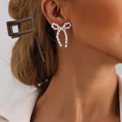 Vintage White Imitation Pearl Bowknot Stud Earrings for Women Elegant Handmade Woven Beaded Statement Earrings  Jewelry 2024