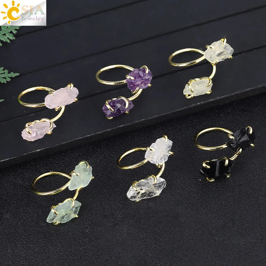 CSJA Irregular Crystal Open Ring Healing Natural Amethysts Citrine Double Gems Stone Claw Finger Rings Jewelry Accessories H584