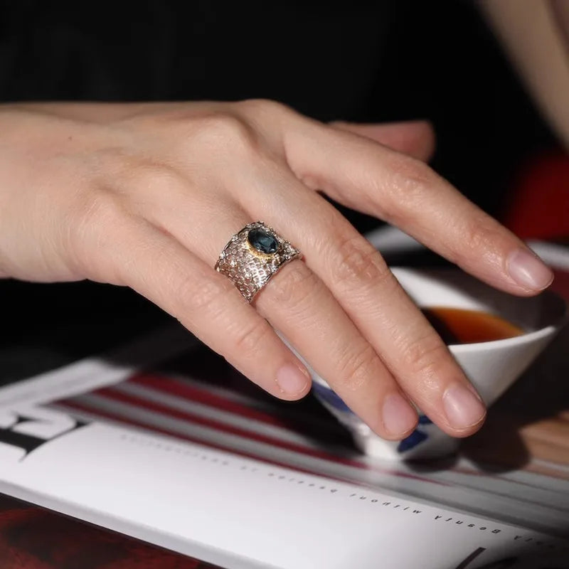 PANJBJ 925 Sterling Silve Topaz Ring for Women Gift Lace Hollowing Out Wide Versatile Grace Vintage Jewelry Dropshipping