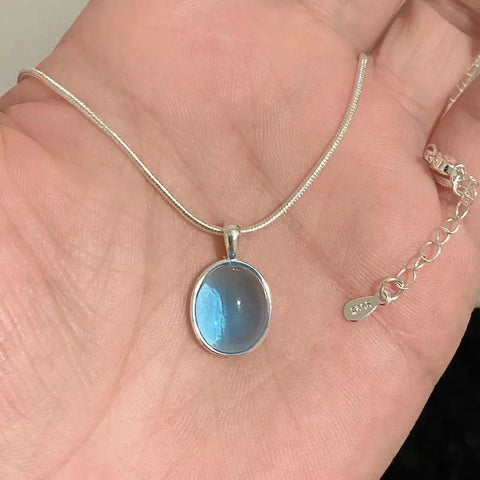 Oval Aquamarine Pendant Necklace with Snake Chain
