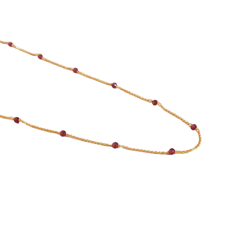 Minimalist Beaded Gold Chain Necklace with Garnet Accents