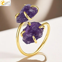 CSJA Irregular Crystal Open Ring Healing Natural Amethysts Citrine Double Gems Stone Claw Finger Rings Jewelry Accessories H584