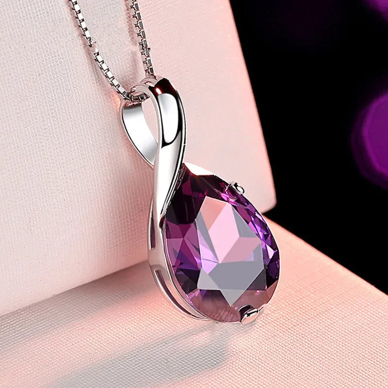 Sterling Silver Pear Teardrop Birthstone Pendant Necklace