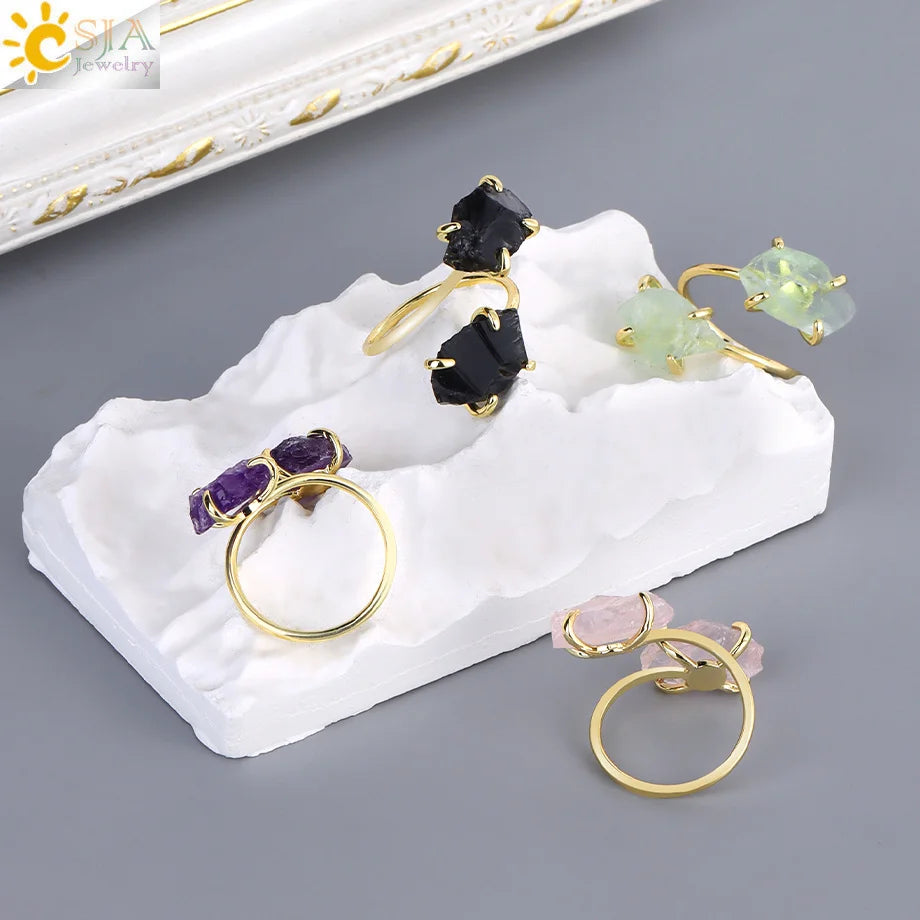 CSJA Irregular Crystal Open Ring Healing Natural Amethysts Citrine Double Gems Stone Claw Finger Rings Jewelry Accessories H584