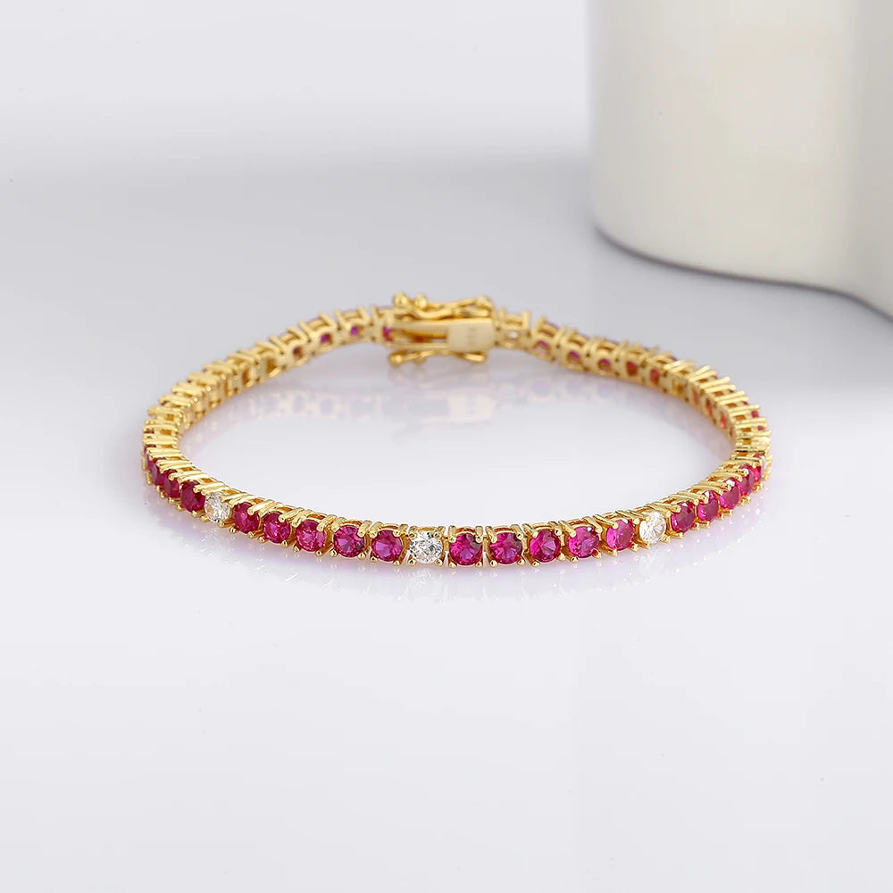 Solid Real 925 Silver Tennis Bracelet 3MM Ruby Fuchsia Pink Mix White Cubic Zircon 15-21 CM Chain Fine Jewelry For Women