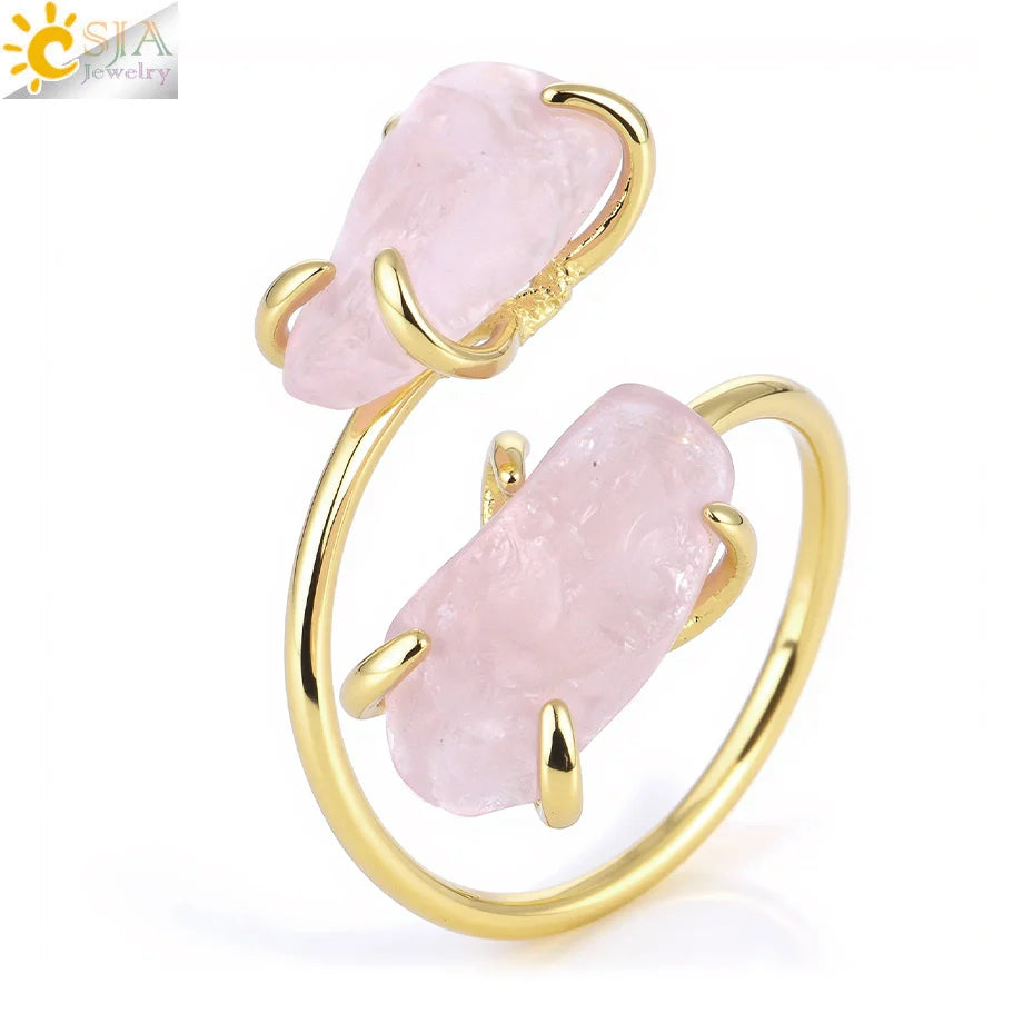 CSJA Irregular Crystal Open Ring Healing Natural Amethysts Citrine Double Gems Stone Claw Finger Rings Jewelry Accessories H584