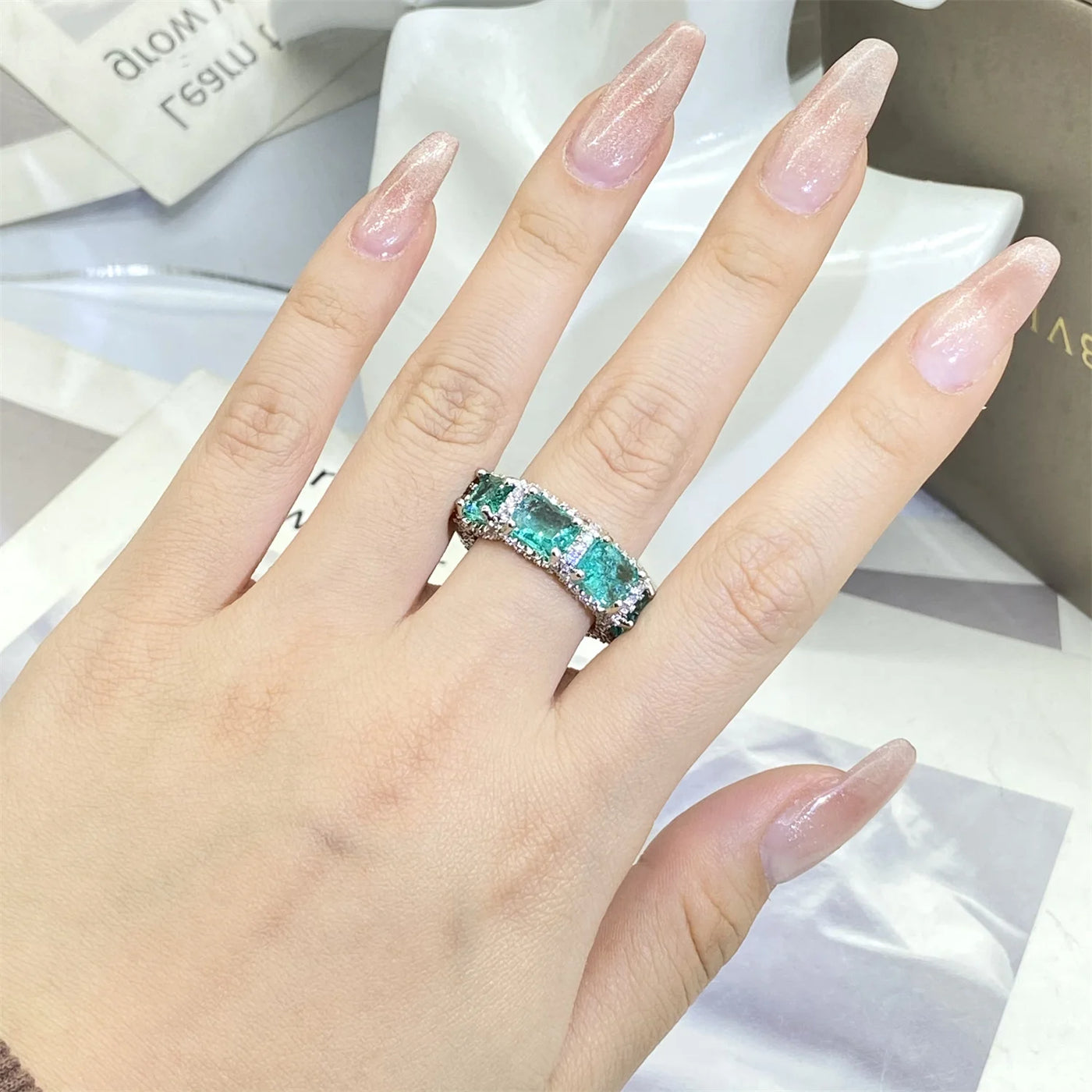 925 Stamp High-definition Paraiba Zircon Jewelry Heavy Industry Inlaid Aquamarine Topaz Ring Women's Party Wedding Rings
