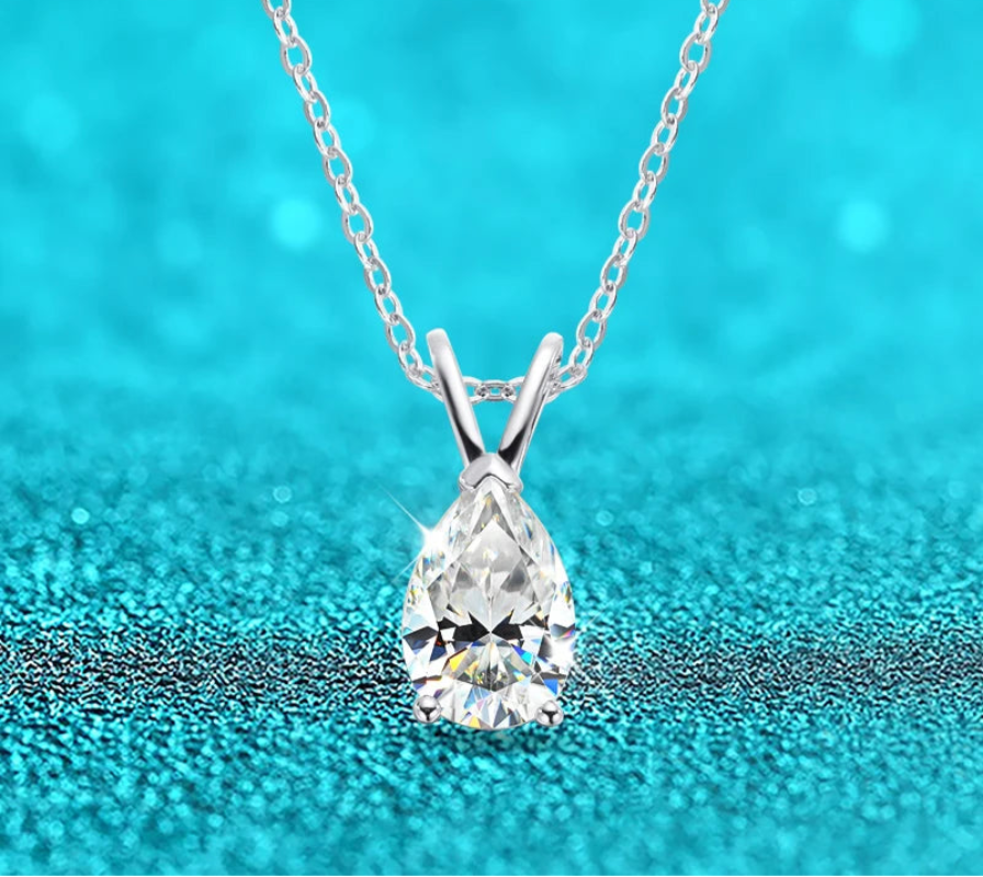 Pear Cut Diamond Solitaire Necklace | White Gold V-Bale Pendant