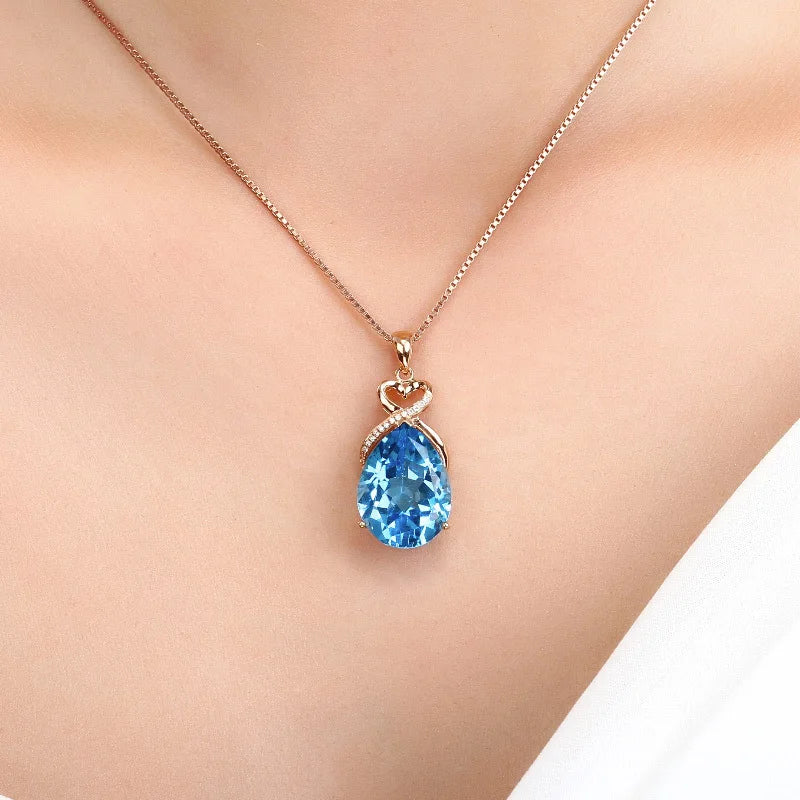 14K Rose Gold 3 Carats Blue Sapphire Pendant Necklace