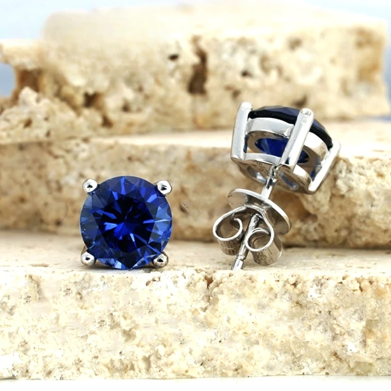 Lab Created royal Blue/Cornflower blue Sapphire Ear Stud 5-9mm with inclusions round Shape S925 Silver earrings Jewelry