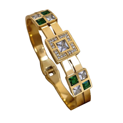 Royal Emerald Green & White Stainless Steel Bangle Cuff Bracelet