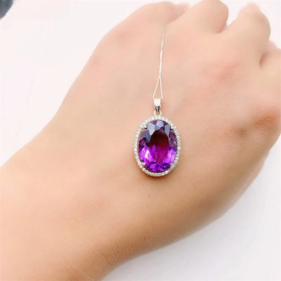 Luxury Oval Cut Amethyst Birthstone Pendant with Diamond Accent Halo