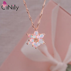 CiNily Delicate Flower Shaped Fire Opal Pendant Necklace Rose Gold Plated Trendy Jewelry Gifts for Women Girls(with Chain)