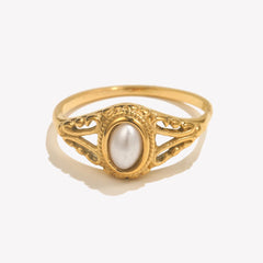 E.B.belle Thin 18K Gold Plated Hollow Texture Natural Freshwater Pearl Rings For Women Stainless Steel Tarnish Free Gold Ring