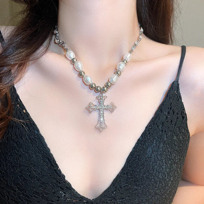 Elegant Pearl Cross Necklace