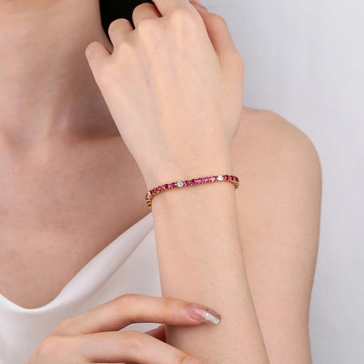 Solid Real 925 Silver Tennis Bracelet 3MM Ruby Fuchsia Pink Mix White Cubic Zircon 15-21 CM Chain Fine Jewelry For Women