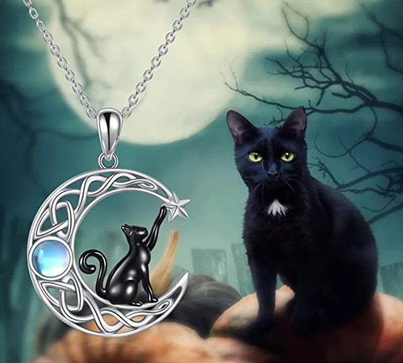 Black Cat Moonstone Pendant Necklace
